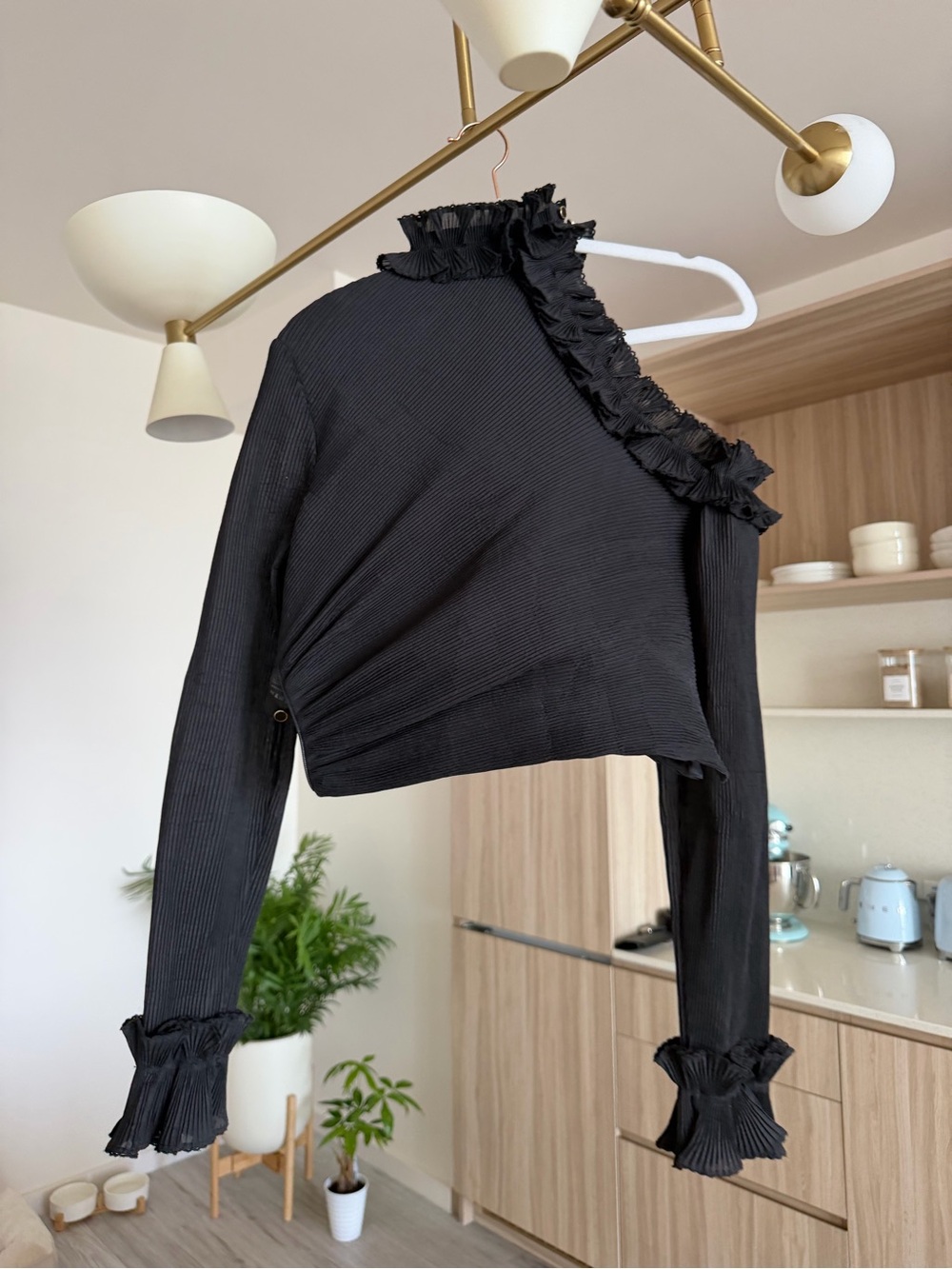 Zimmermann Black Pleated Ruffle-Trim Long Sleeve Top